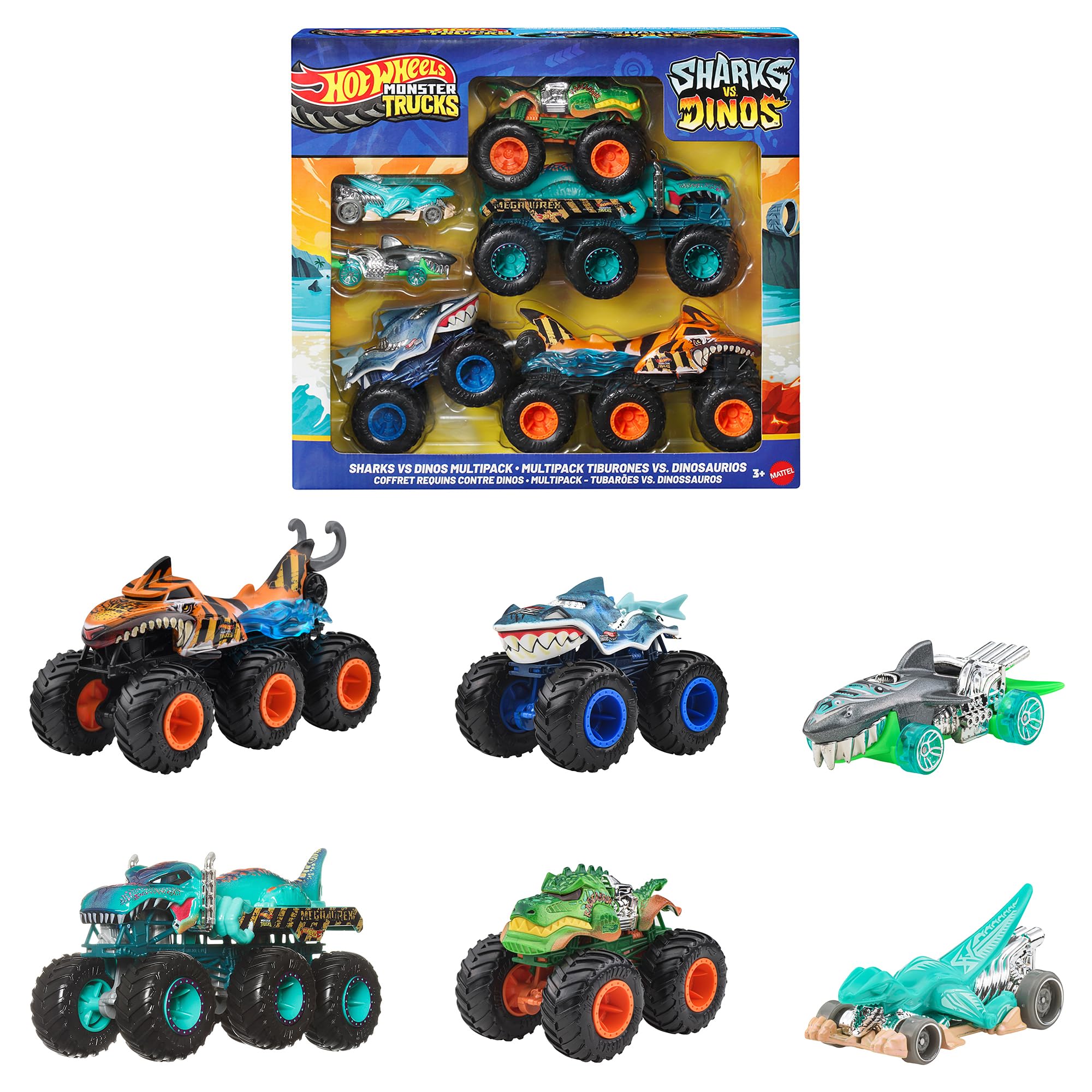 

Hot Wheels Monster Truck Shark vs. Dino Collection Set, Vehicle Toy, 6 Mini Cars, Ages 3 and Up, Multi-Purpose, JGD68