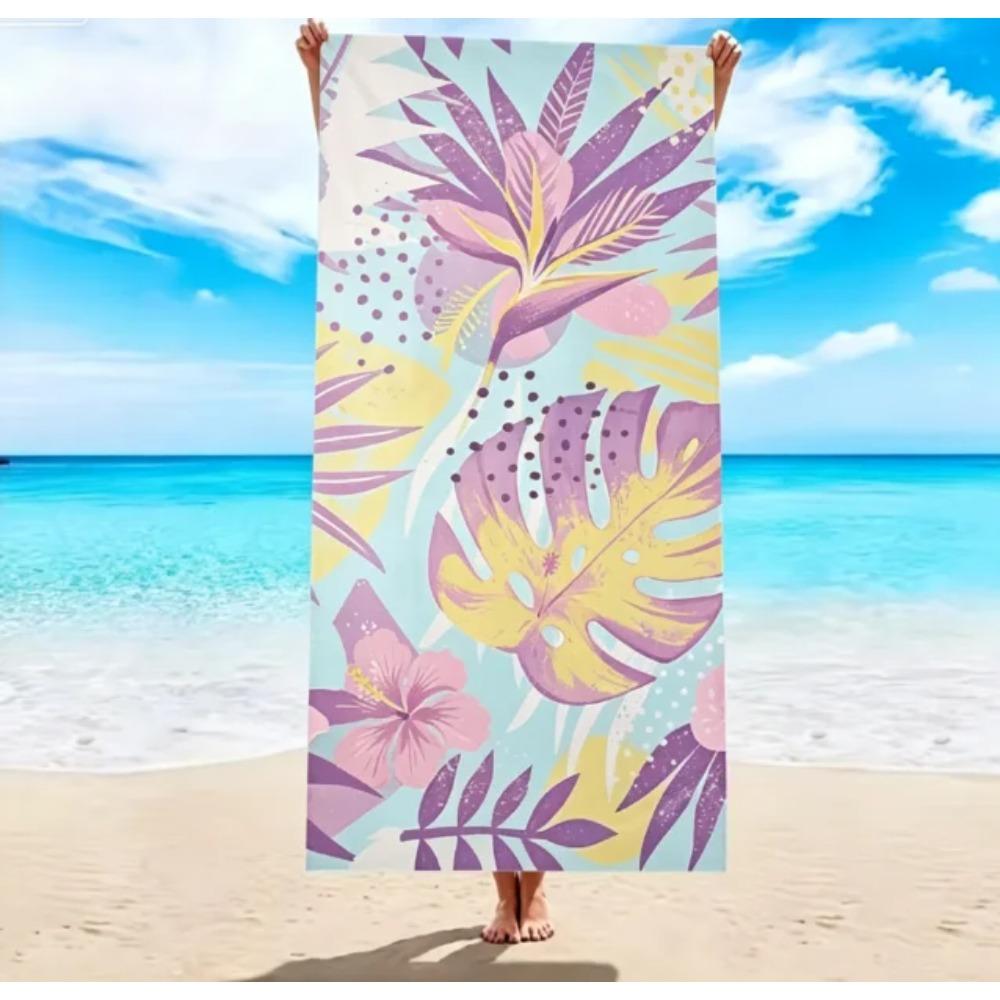 Pastel Tropical Leaves Hibiscus Print Beach Towel, Large Microfiber Sand Free Quick Dry Towel For Beach Pool Camping Towels