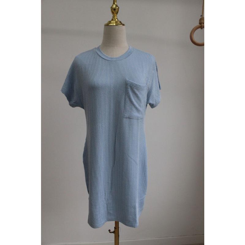 Women's Summer Casual Color Contrast Wave Striped Short Sleeve Pocket Dress