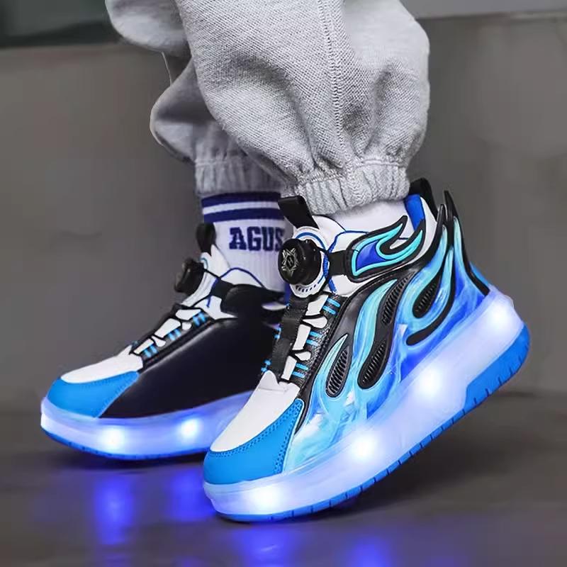 Barnesko med to hjul, roterende knapp, LED, oppladbare, lysende rulleskøyter, dobbel rad, Heelys-sko, rulleskøytesko