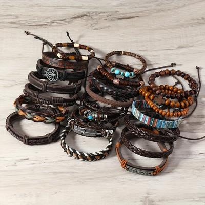 Neues 21-teiliges Stoff-Türkis-Holzperlen-Legierungs-Wachsfaden-Lederarmband Lederschmuck