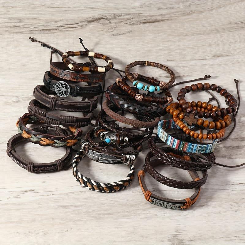 New 21-piece fabric turquoise wood bead alloy wax thread leather bracelet leather jewelry