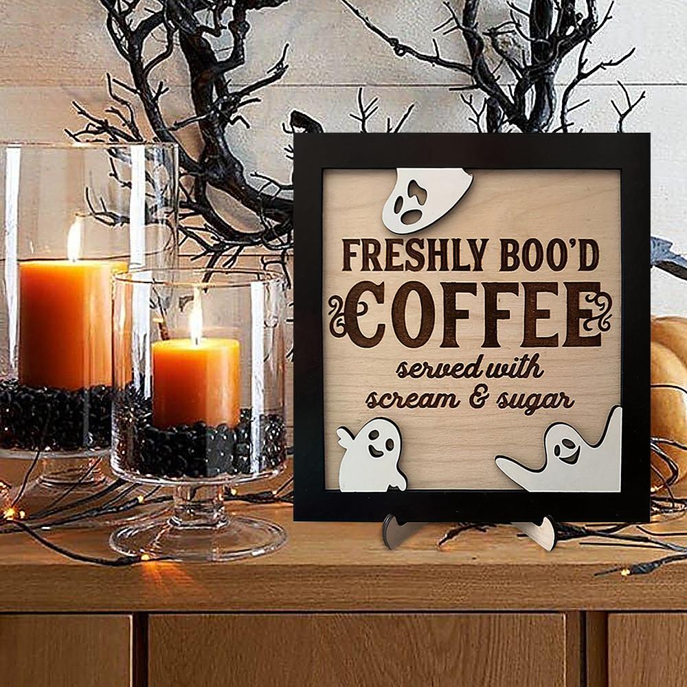 Bood Coffee Freshly Halloween Sign Bar Decor Office Ornament Photo Ghost Frame