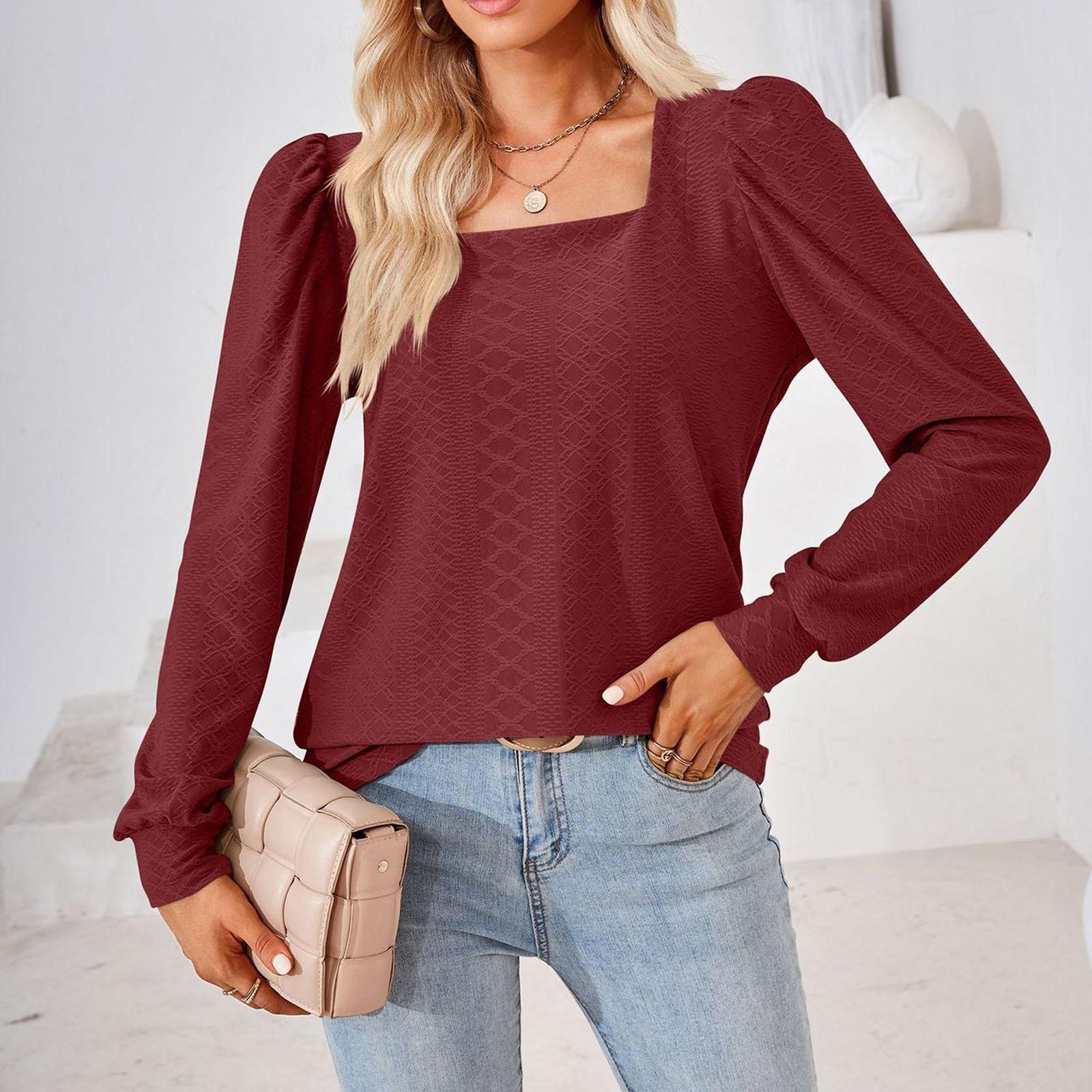 

Женская модная однотонная футболка с длинным рукавом и квадратным вырезом XL винный