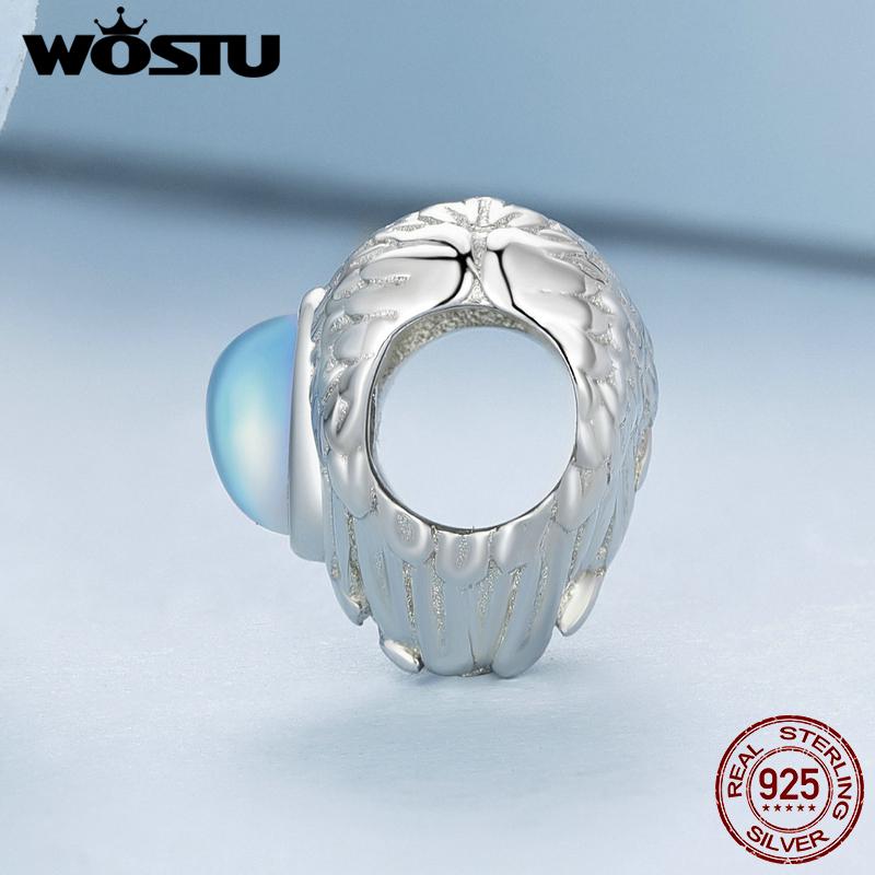 WOSTU 925 Sterling Silver Rainbow Moonstone Beads Heart Charms Angel Guard Pendant Fit Original Bracelet DIY Neckalce