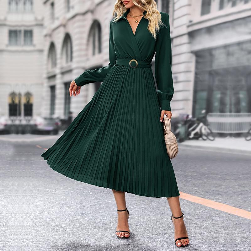 Damen Herbst Winter Langarm V-Ausschnitt Spitze A-Linie Knielanges Kleid Einfarbig