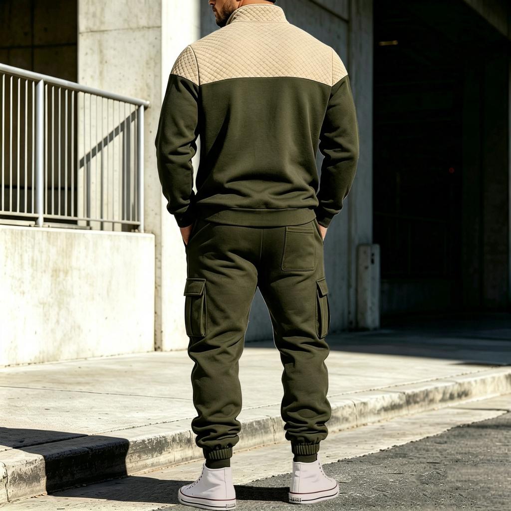Men's Lined Track Suit with Stand Collar - Casual Color Block Sweatshirt and Pants Set, Loose Fit Two Piece Outfit for Fall Winter Outdoor