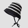 Summer Essential Striped Basin Hat with Knitted Hollow Out Design Foldable for Beach Sunshade