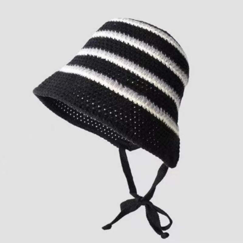 Summer Essential Striped Basin Hat with Knitted Hollow Out Design Foldable for Beach Sunshade