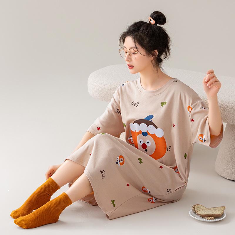 7A Women's Antibacterial Cotton Nightgown, Short Sleeve, Plus Size, Medium Length, Versatile for Outdoor Wear, Sweet Summer Home Dress