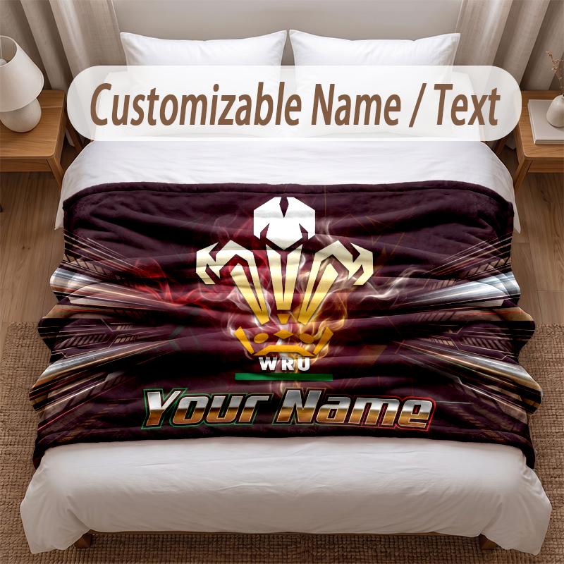 Wales Rugby Printed Flannel Blanket Custom Name Text Soft Warm Throw For Bedroom Holiday Gift