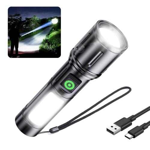[New Enhanced Ultra-Bright LED Flashlight] Handheld Torch with White and Red COB Work Light, 6 Dimming Modes, Variable Zoom, Up to 500m Beam Distance,