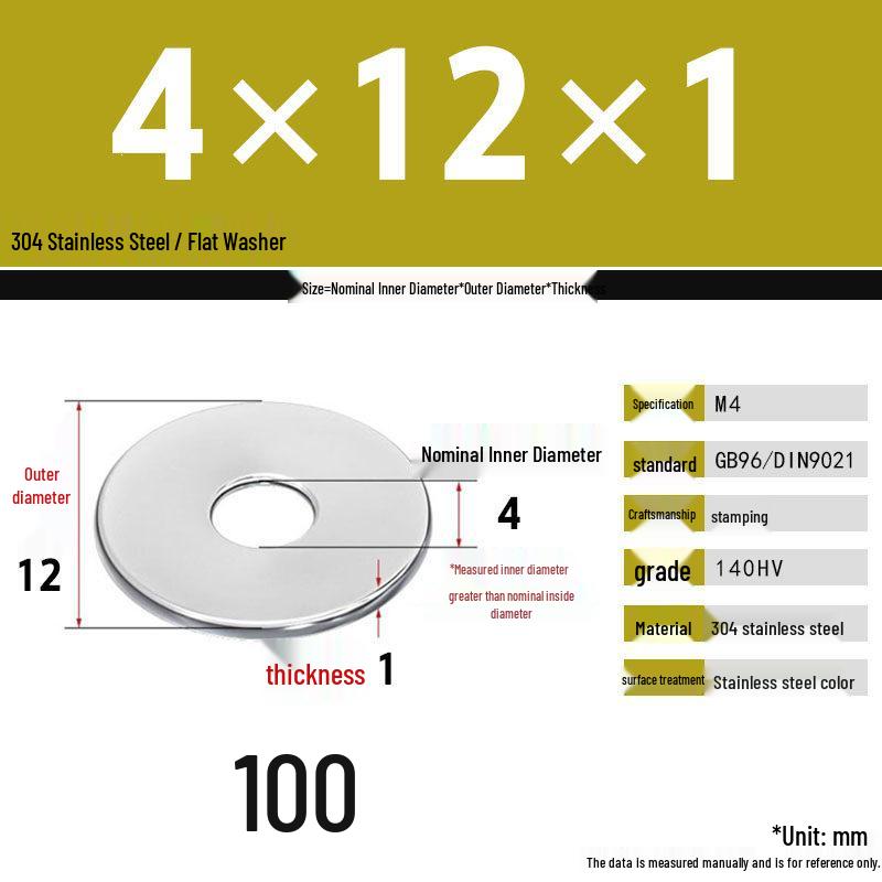 304 Stainless Steel Thickened Flat Washer Set, Sizes 2-36