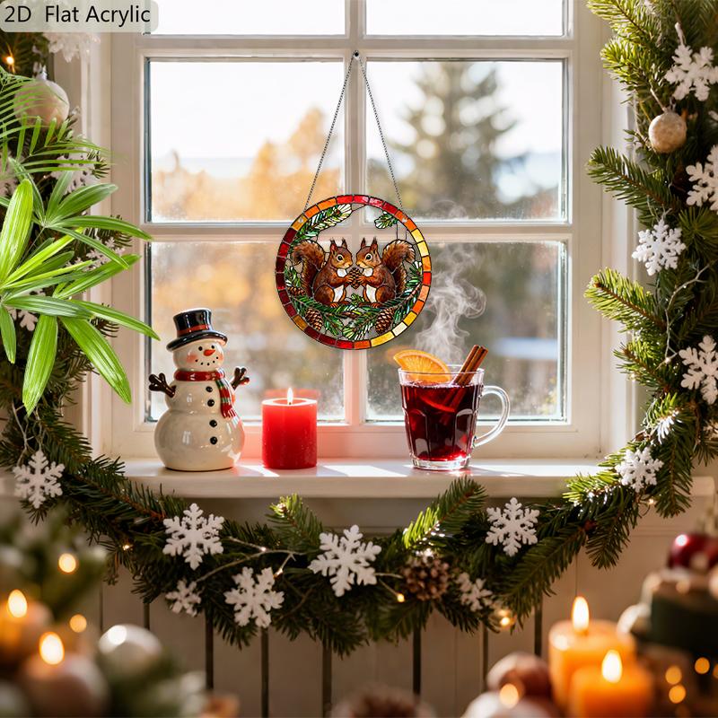 Acrylic Pair of Squirrels with Pinecone Suncatcher Stained Glass Effect Window Hanging Ornament Autumn Forest Themed Gift for Home