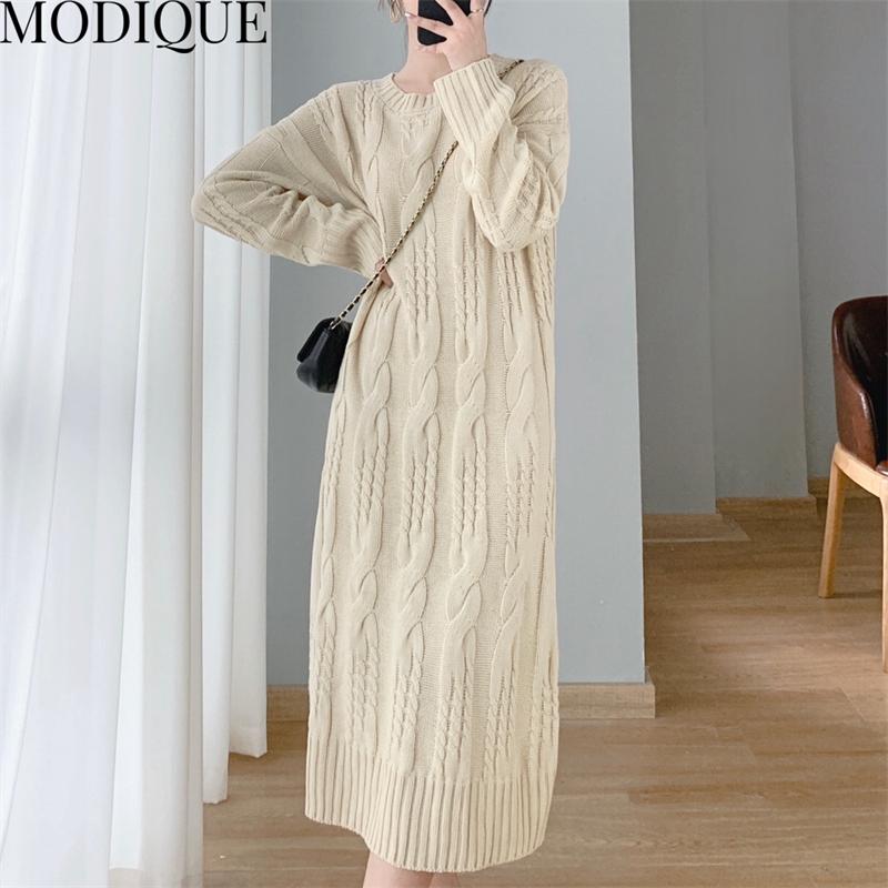 

MODIQUE Весна Плюс Размер Женщины Свободные Повседневные Винтаж Вязание Сплошной Цвет Утепленный Свитер Длинные Платья Женская Оверсайз Юбка С Длинным Рукавом О-Образным Вырезом