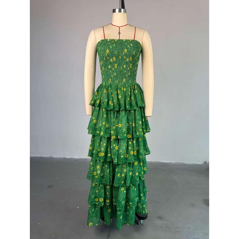 

Fashion Style New Arrival Tube Top Ruffles Print Cake Dress Layered Dress Printed Cake Dress Green M