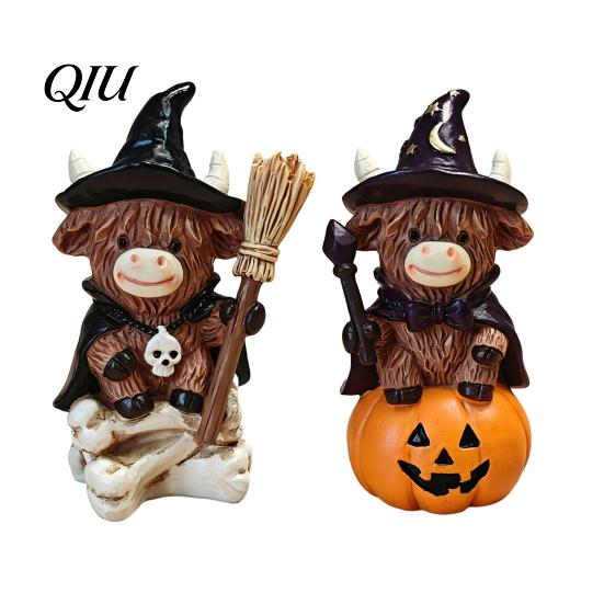 Cute Cow Gifts 2Pcs Halloween Highland Witch Ornament, Resin Figurine with Hat Pumpkin Broom Broomstick Figurines & Skull, Farmhouse Tabletop