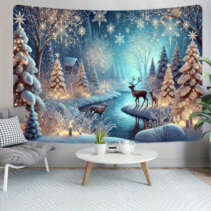 2D Christmas Deer Tapestry, Blue Night Winter Forest Wall Decor for Living Room Bedroom