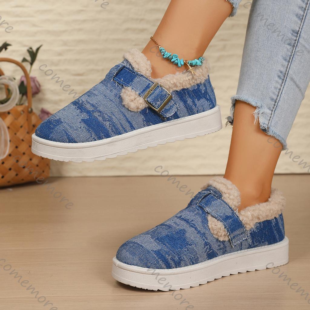 Fashion Comemore Autumn and Winter Fur Women's Shoes Warm Padded Cotton Shoes Round Head Flat Bottom Slip On Fashion Snow Boots Female