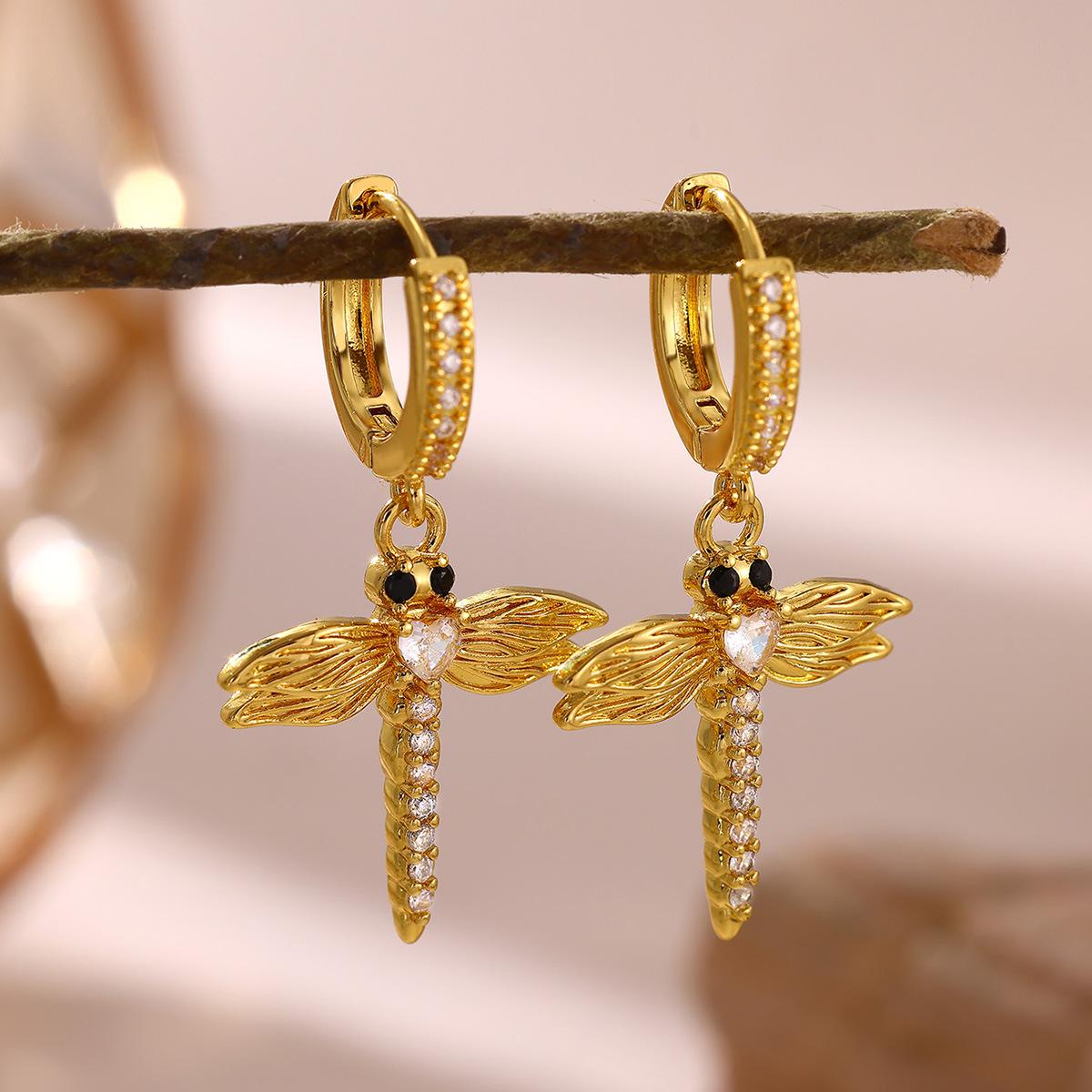 

Vintage Dragonfly Shiny Drop Earrings Women Stylish Unique Dangle Earrings Chic Fun Party Banquet Daily Wear Zircon Accessories