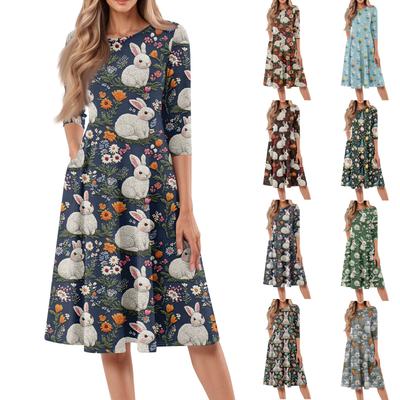 Vestido de Mujer Suelto Casual y a la Moda con Cuello Redondo y Manga Siete Cuartos Estampado de Largo Medio