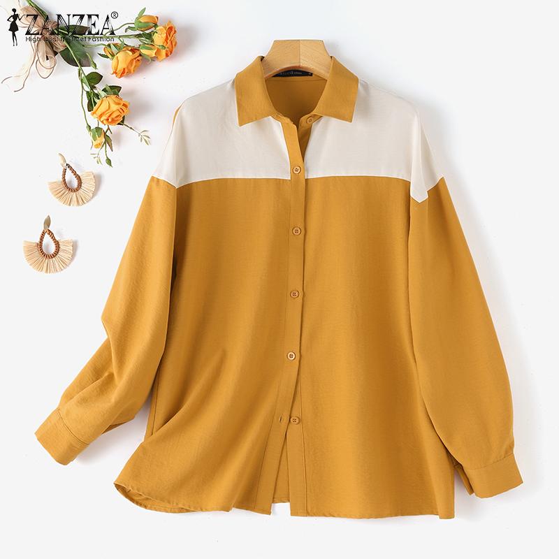 

ZANZEA Женская повседневная лоскутная блузка с отложным воротником и длинными рукавами