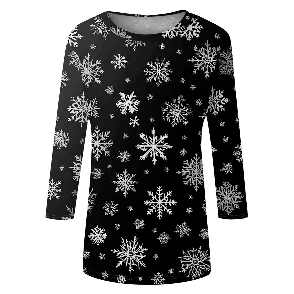 Women's Fashion Casual Christmas Tree Printed Round Neck Three-Quarter Sleeve T-Shirt Top