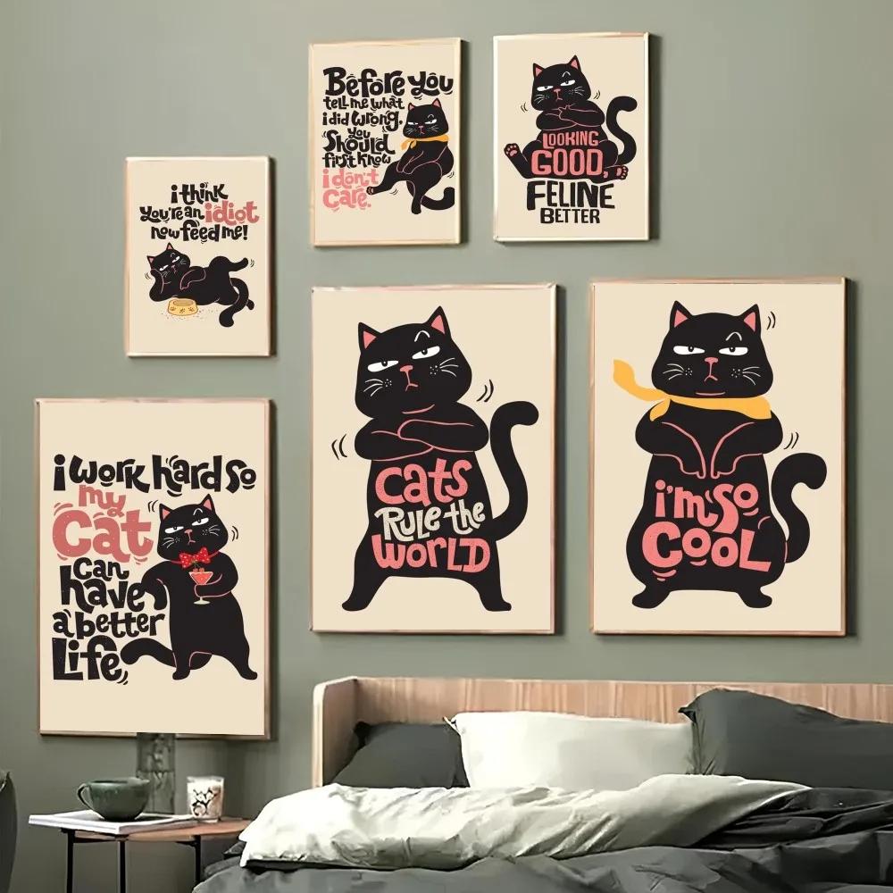 1PC Black Funny Cats Rule The World Print Poster Paper Waterproof HD Sticker Bedroom Entrance Home Living Room Bar Wall Decor