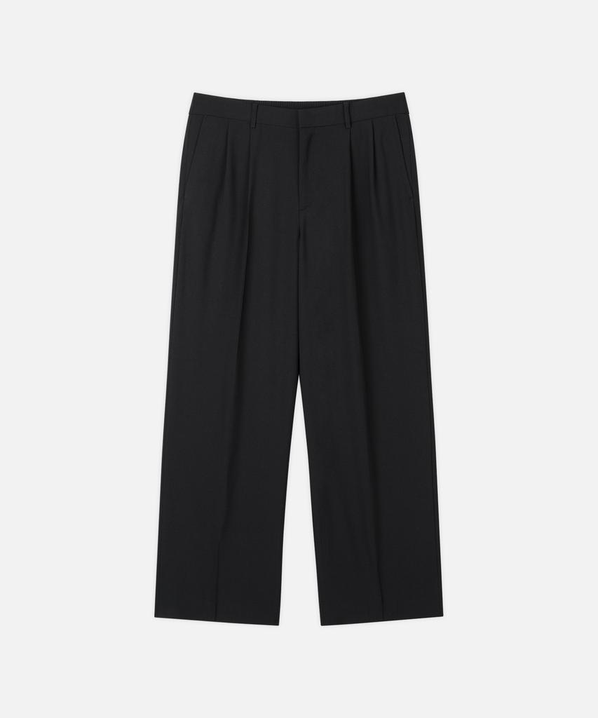 DRAW FIT Double-Pleated Elastic Wide Linen Slacks [Black]