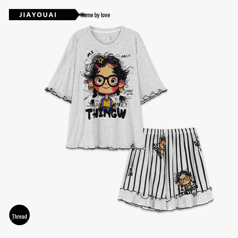 Ice Silk Women s Pajama Set: Cute Doll Print, Short Sleeve Top, Striped Ribbed Shorts, Outdoor & Home Summer Wear M