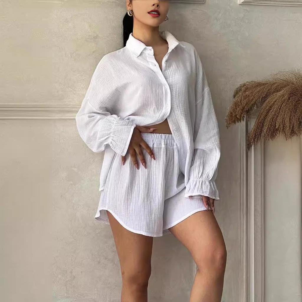 Women's European American Style 2-piece Outfit - Crinkled Fabric Lapel Long Sleeve Blouse + High Waist Fashion Casual Shorts