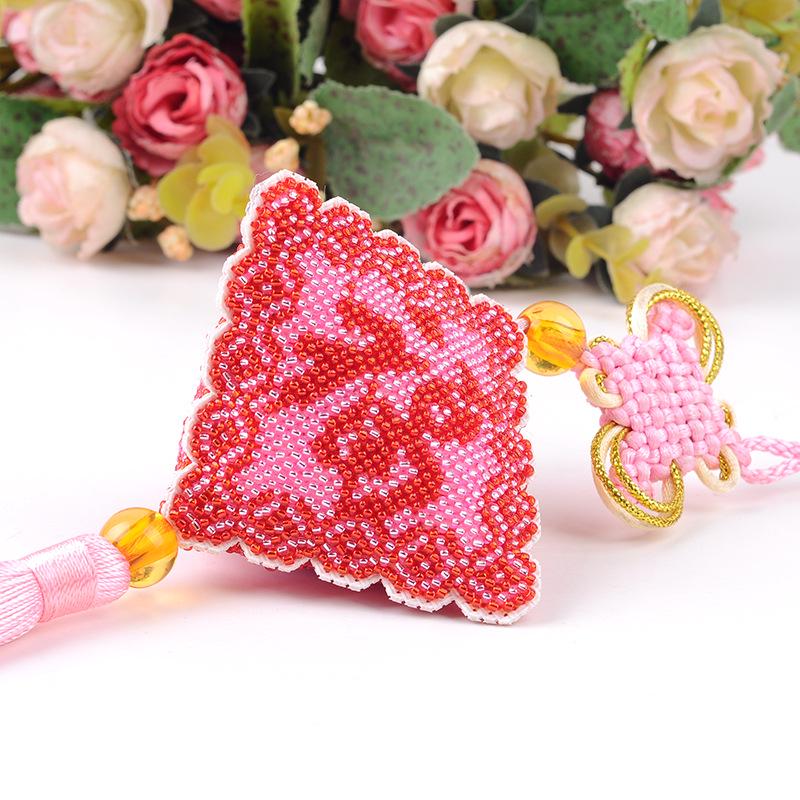 Pink Peace Cross-Stitch Beaded Three-Sided Embroidery Car Pendant Kit
