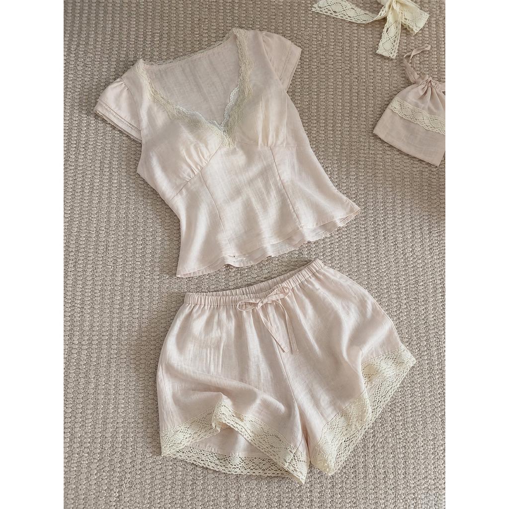 Simple lace lace with chest pad short-sleeved pajamas women's summer comfortable and skin-friendly shorts loungewear set can go out