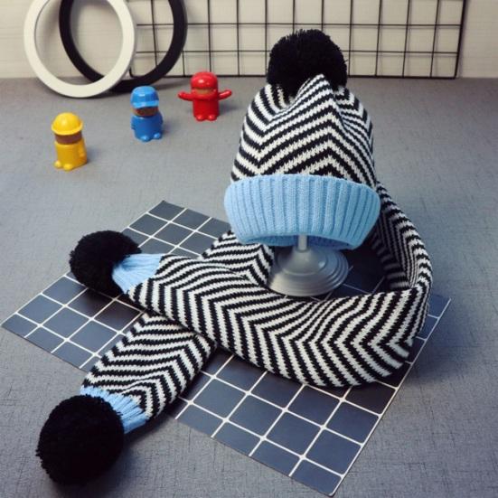 2Pcs/Set Kids Autumn Winter Hat Scarf Set Plush Ball Decor Striped Print Brimless Hat Knitting Scarf Set