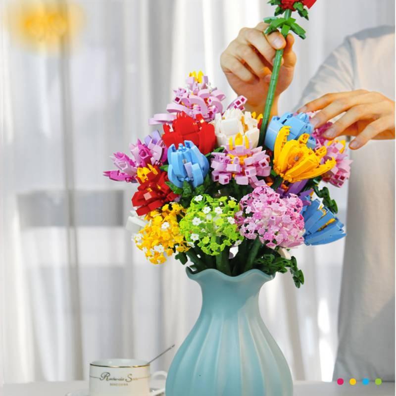 Assembling Children Puzzle Building Blocks Flower Rose Lily Bouquet Model Toy