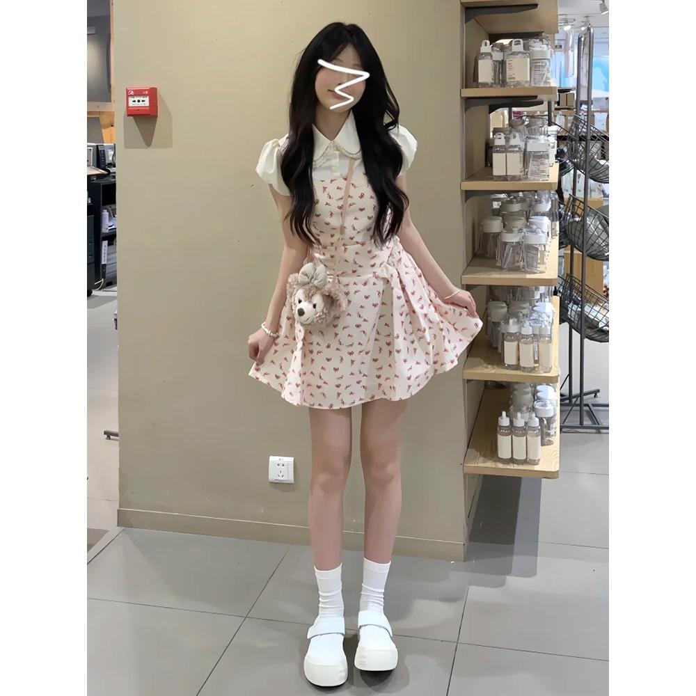 Sweet Pink Fake Two-piece Dress Women's Summer College Style Princess Dress Xiaoxiangfeng Waist and Thin Skirt