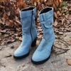 Blue Jeans Boots Women's Mid-rise Rome Solid Slip-On Chunky Med Heels Boots Wild Vintage Ladies Shoes Large Size 35-43