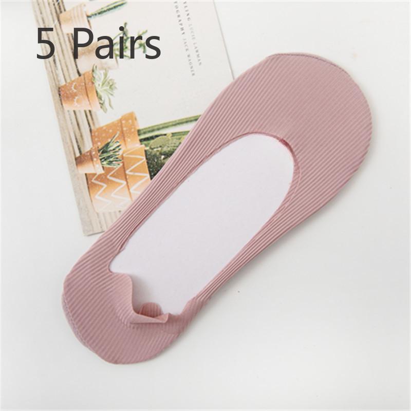 5 Pairs of Women's Summer Thin Solid Color Ice Silk Invisible Silicone Non Slip Socks
