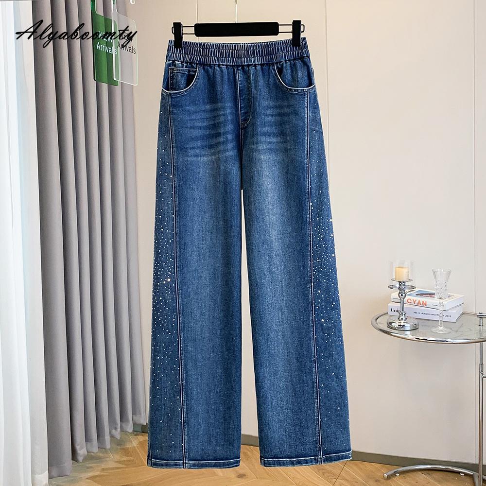 Extra Size Spring Autumn Women Wide Leg Jeans Elastic Waist Blue Diamonds Luxury Denim Trousers Vintage Elegant Basic Ladies' Jeans XL-5XL