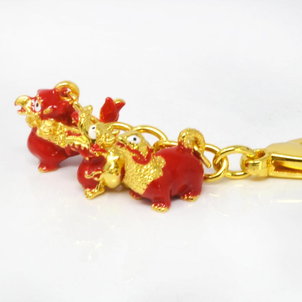 Feng Shui Three Harmony Animal Keychain, Harmony Balance Amulet, Lucky Wealth, Dragon, Turtle, Lion, Red, 3.741 inch