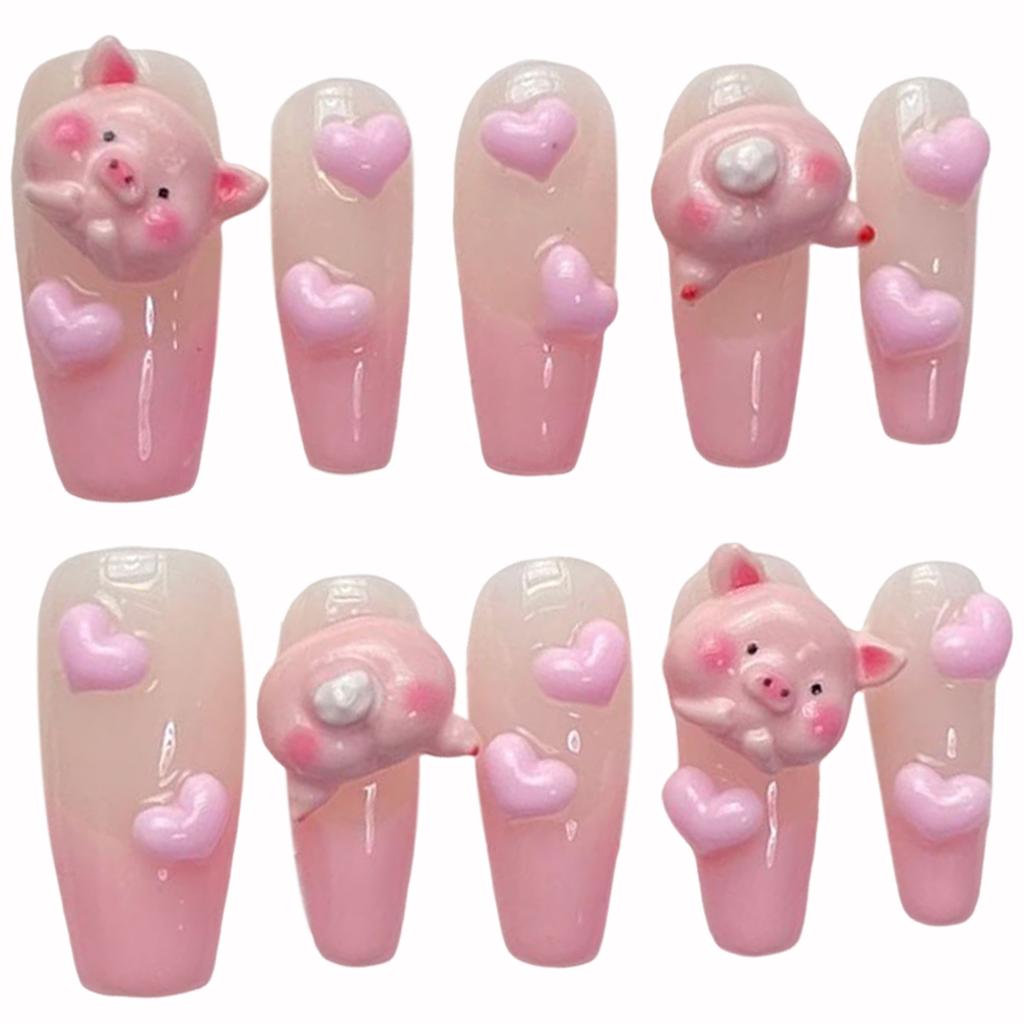 Pink Gradient Fake Nails with 3D Heart Easy To Apply Simple To Peel Off Nails for Hot Girl Dress Matching
