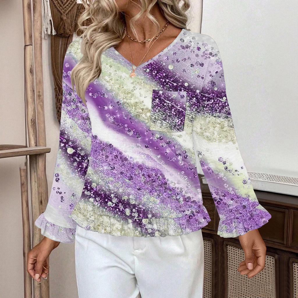 Women's Casual Fashion Ruffle V-Neck Pocket Retro Print Long Sleeve Top