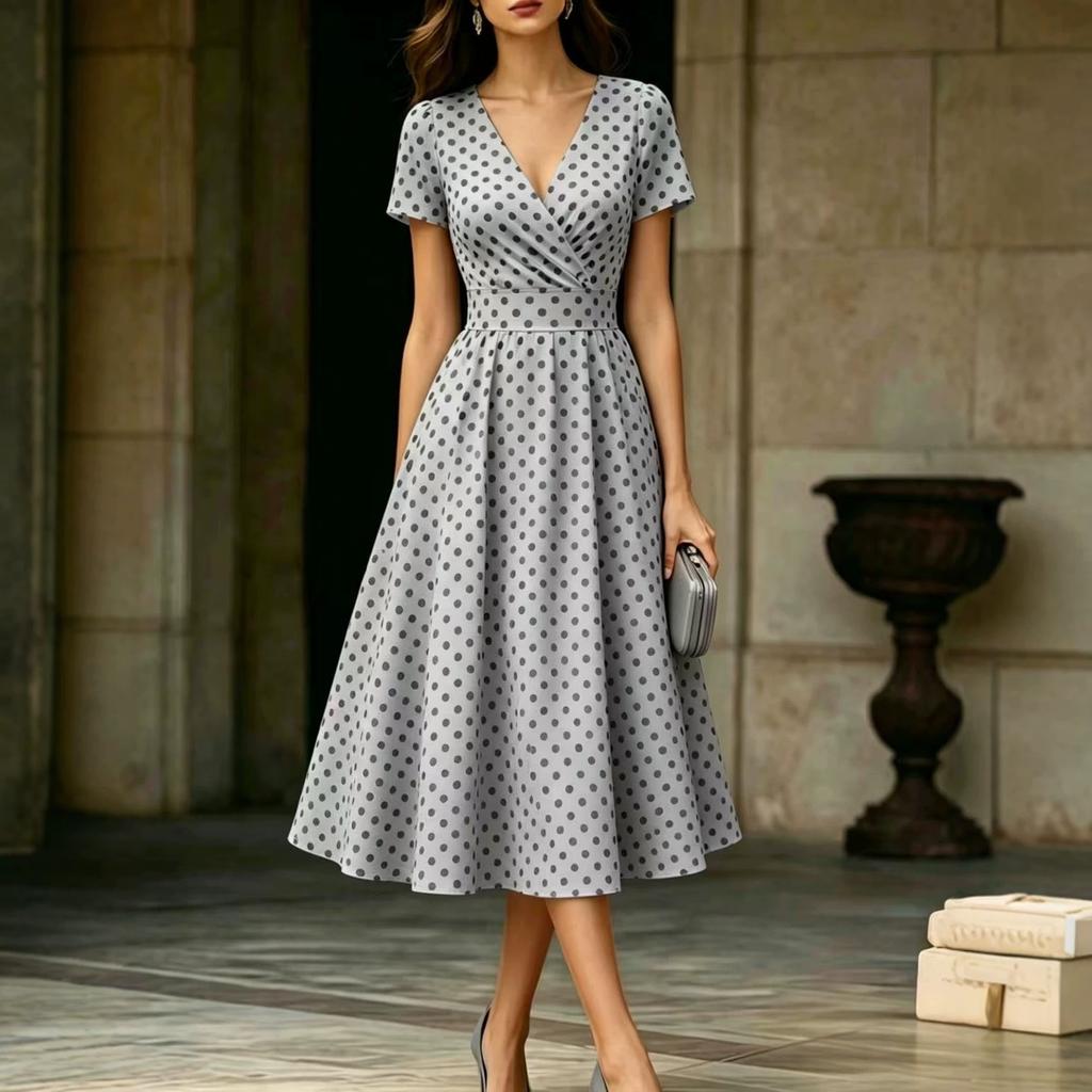 European and American Women's Clothing European Station Summer Waist Short-sleeved Polka Dot Dress