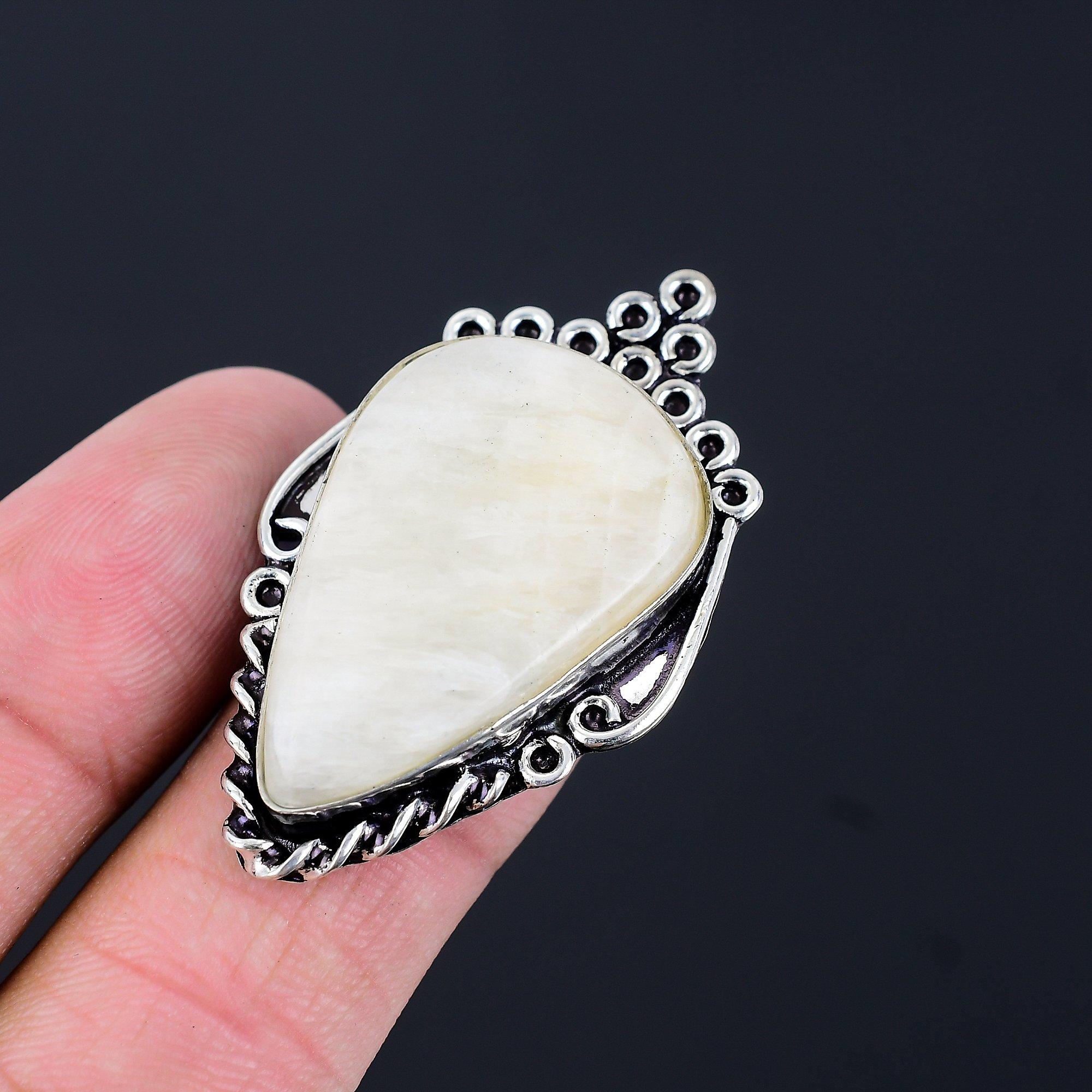 Pear Natural Scolecite Solitaire Trendy Ring Jewelry Size 7.5 Sterling Silver 7.5