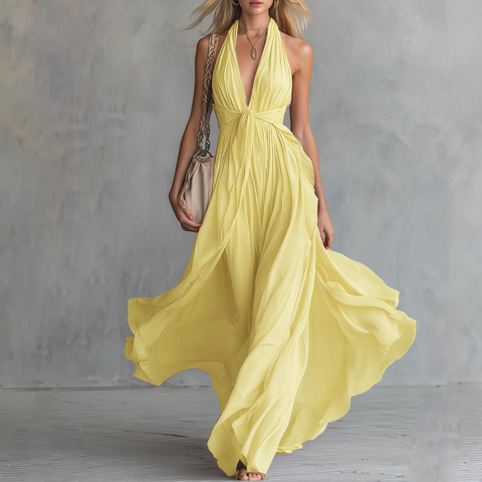 

Loose Fit Vacation Maxi Dress V Neck Sleeveless Halter Neck Long Flowing Dress Casual Summer Beachwear XS