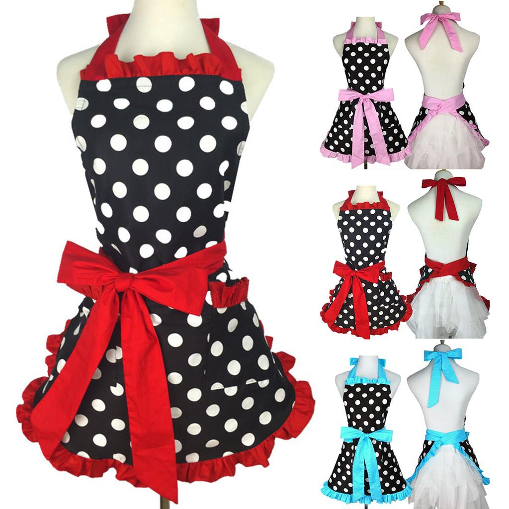 Cute Apron Retro Polka Dot Aprons Ruffle Side Cooking Aprons with Pockets Adjustable Kitchen Supplies for Women Girls Gifts