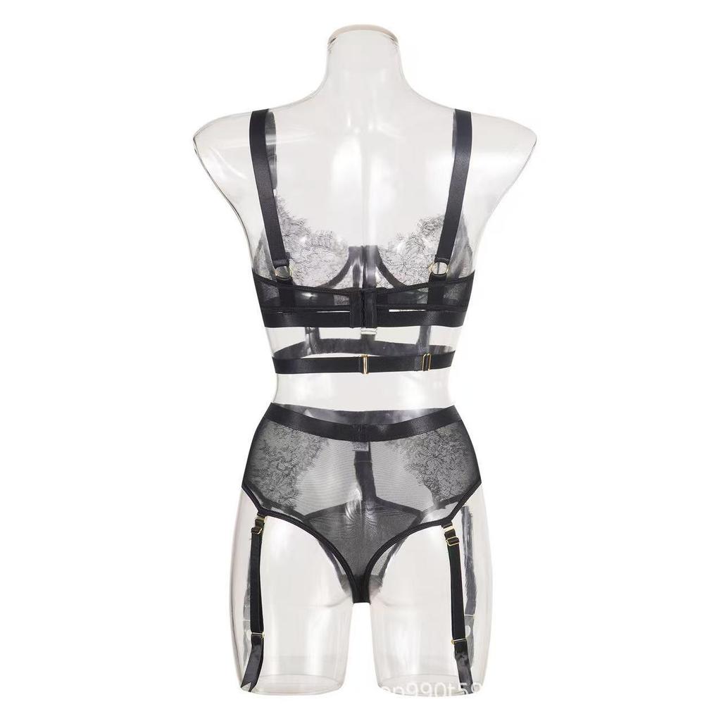 Lace Underwire Sexy Three-Piece Lingerie Set with Slit