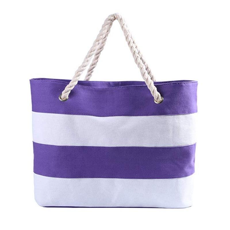 

ew ultra-simple versatile thick hemp rope fashionable canvas bag shoulder bag splicing beach stripe environmental tection bag 45*33*14cm