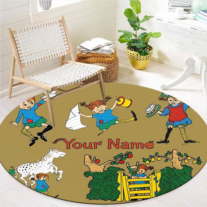 Pippi Longstocking Custom Name Round Area Rug,Carpet Rug for Living Room Bedroom Sofa Playroom Decor,Non-slip Floor Mat