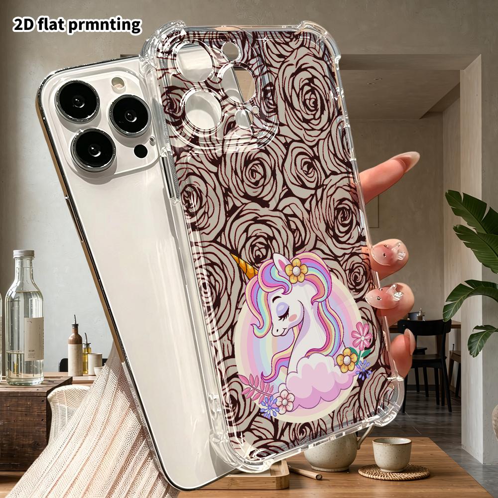 Phone Case: 2D Flat Design, Fits iPhone 18 17 16 15 14 13 Pro, Transparent Corners Protection Case, Rainbow Unicorn, Christmas and Halloween Gift